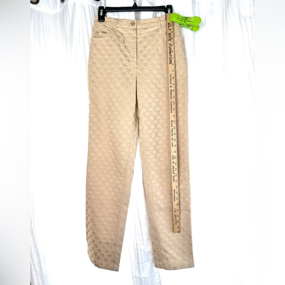 St John Vintage Women Size 2 Tan Logo Cotton Viscose Jacket Pants Set Gold - Picture 13 of 16